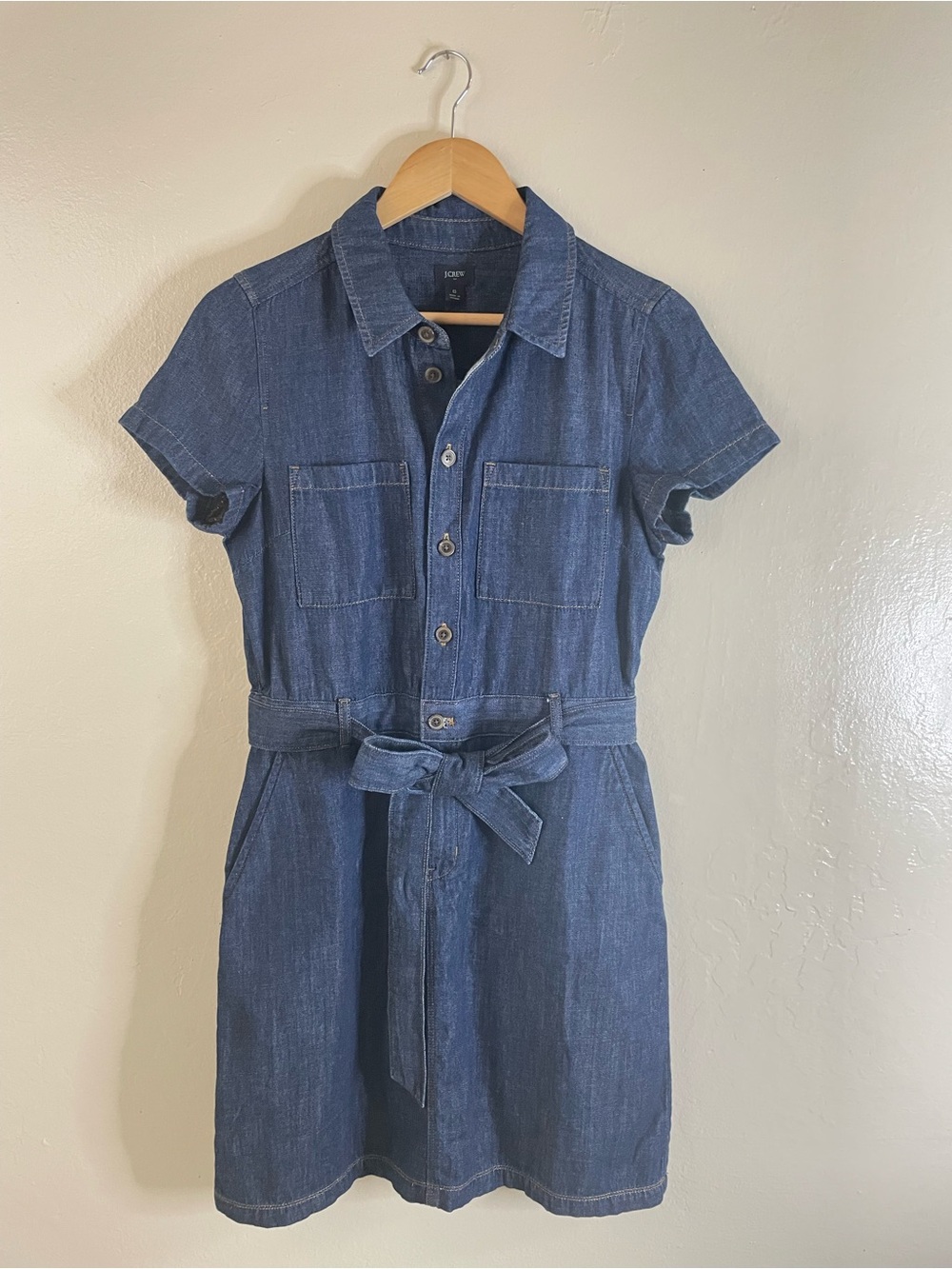 J. Crew Blue Denim Short-Sleeve Shirt Dress with Tie Waist